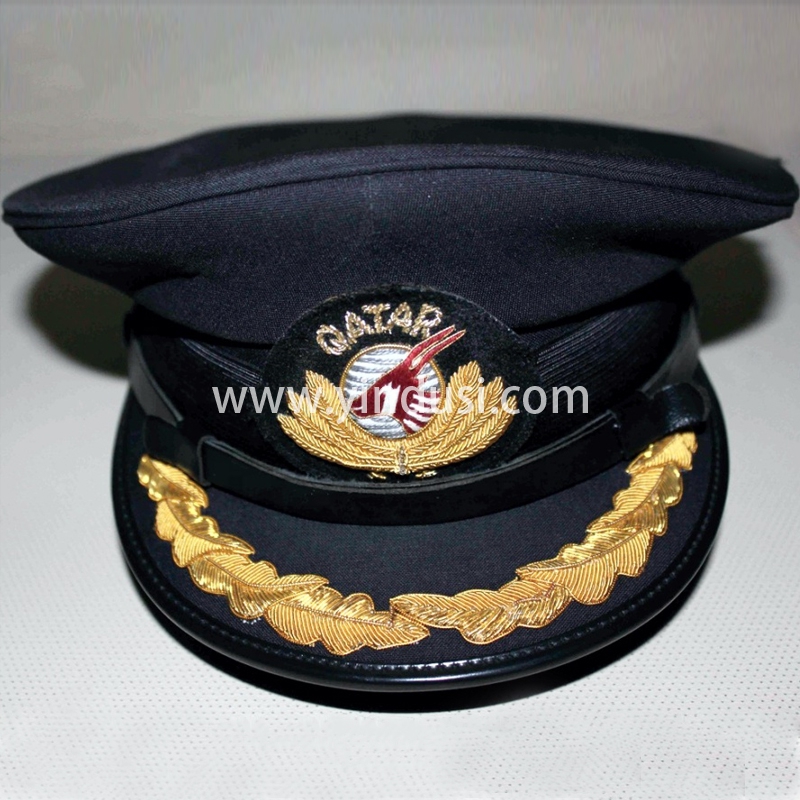 印度丝军品工厂手工刺绣帽徽帽檐定做卡塔尔航空公司军帽定制